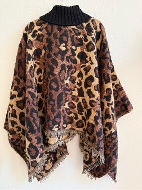 Leopard Print Turtleneck Poncho Sweater - Black Collar